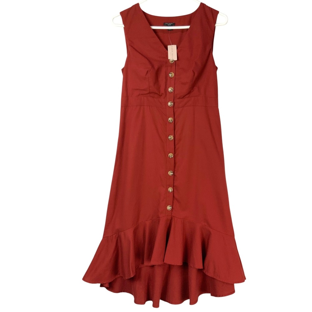 Ann Taylor Factory Red Midi Dress 0P Button Front V-Neck Sleeveless Flounce Hem
